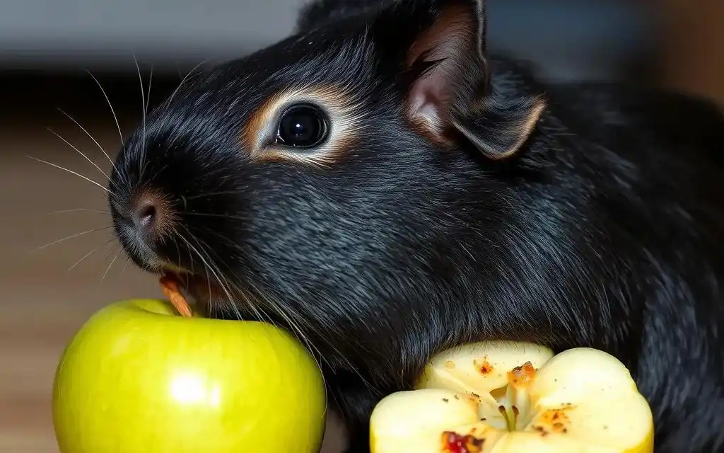 black guinea pigs enjoying apples