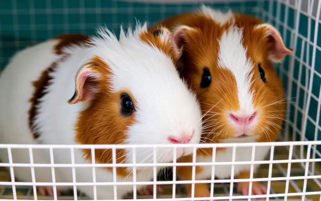 Two guinea pigs with brown and white fur sit close together in a white wire cage, looking outward.