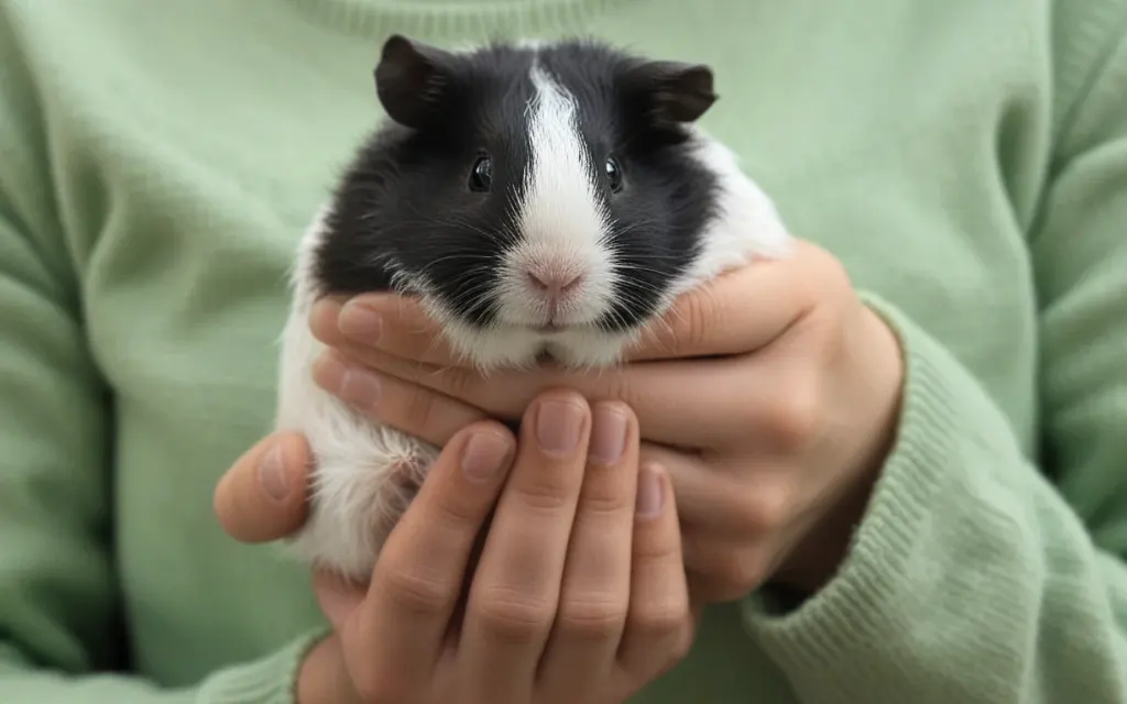 A person in a green sweater holds a black and white guinea pig with both hands.