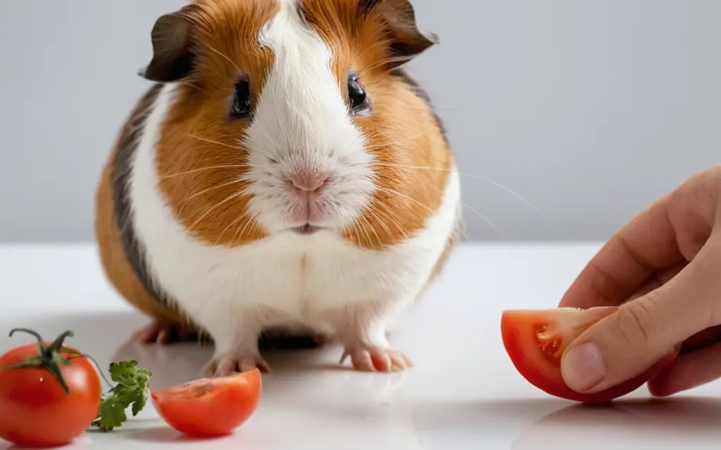 Hand-feeding a small piece of ripe tomato to a cute guinea pig, demonstrating how to safely offer tomatoes as a treat.
