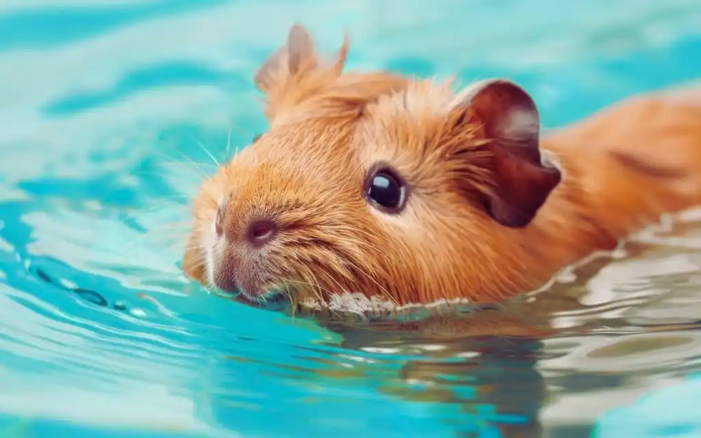A cute guinea pig paddles in water
