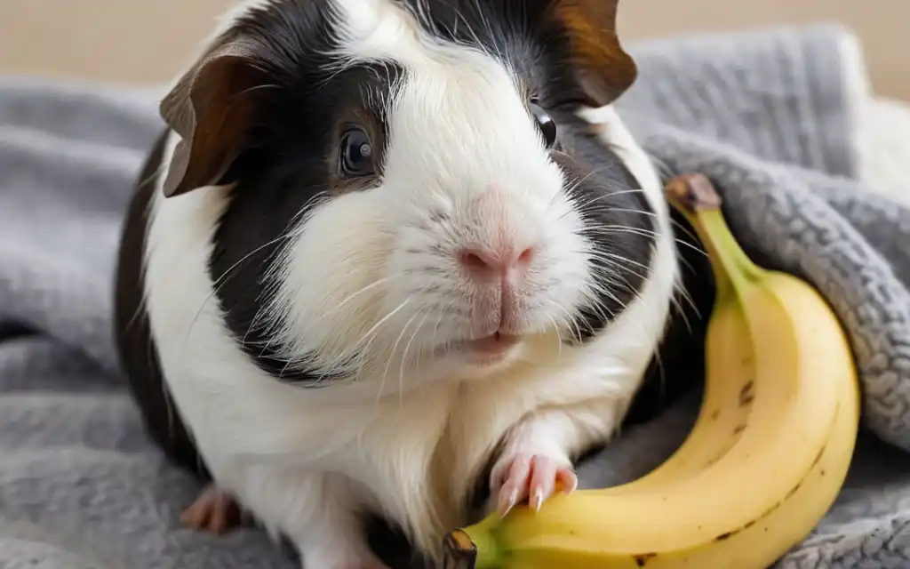 Young black-and-white guinea pig safely holding banana snack