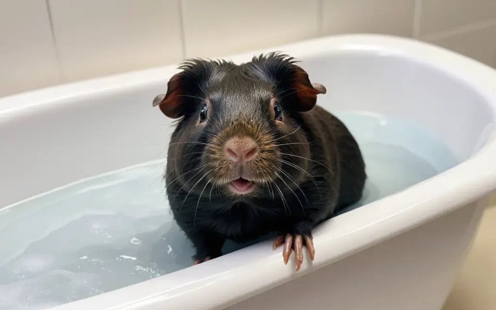 Cute guinea pig bathing in shallow water with natural light